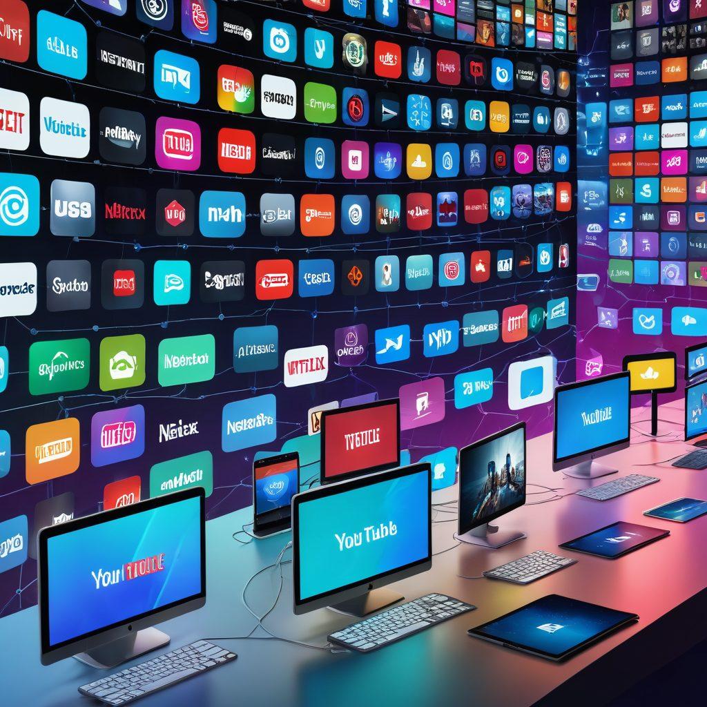 A futuristic, sleek digital landscape featuring various streaming devices like smart TVs, tablets, smartphones, and laptops, all connected in a holographic network. The background showcases a vivid, dynamic flow of media content including movies, music, and photos with icons of popular platforms like YouTube, Netflix, and Spotify. Highlighting aspects of seamless streaming and user engagement. super-realistic. vibrant colors. tech-centric.