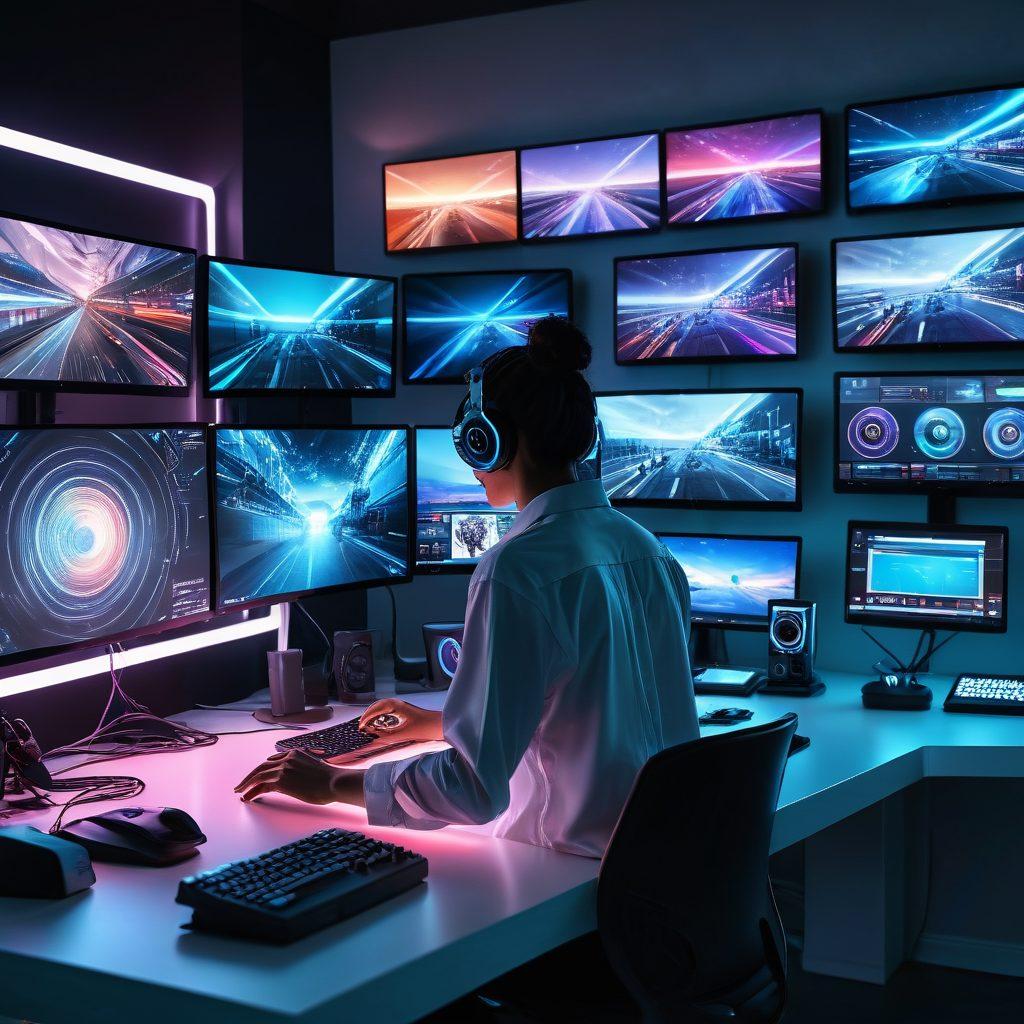 A dynamic scene showing a person at a sleek digital workstation, adjusting camera settings, with various high-definition monitors displaying vibrant, crystal-clear media streams. Include icons for streaming platforms and tools around the scene to indicate tips and tricks. Ultra-modern tech environment with bright LED lighting. super-realistic. vibrant colors.