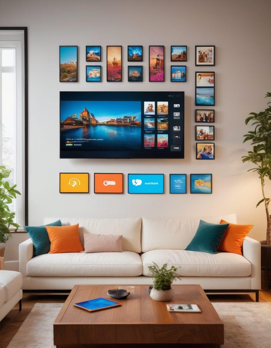 Create an image of a vibrant living room with a sleek TV streaming high-definition videos. Surround the scene with digital photo frames showcasing perfect family moments, and a comfortable couch with a couple enjoying the experience. Add glowing icons of popular streaming platforms floating around them. super-realistic. vibrant colors.